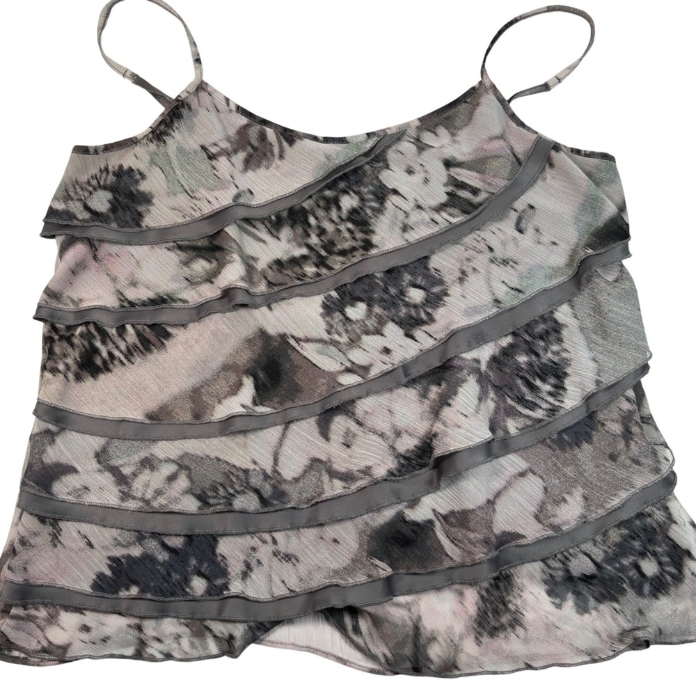 NY&C Layered Womens Medium Camisole Tiered Ruffle Abstract Floral Grey Tank Top